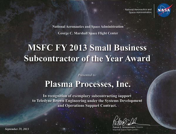 Plasma Processes awarded Small Business Subcontractor of the Year